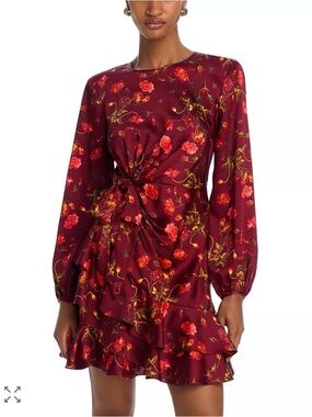 cinq a sept Alice Burgundy Floral Twist-Waist Long Sleeve Mini Dress